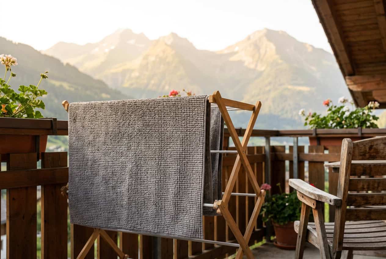 Frisch gewaschener Badteppich trocknet auf dem Wäscheständer auf einem Balkon