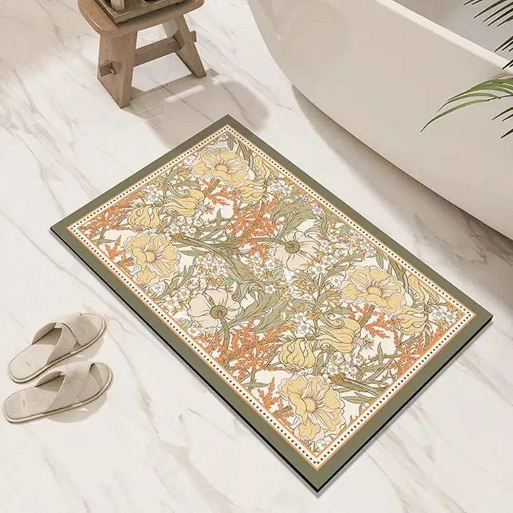 Ultra-saugfähiger Diatomit-Badteppich mit floraler Musterung, ideal für Badezimmer.