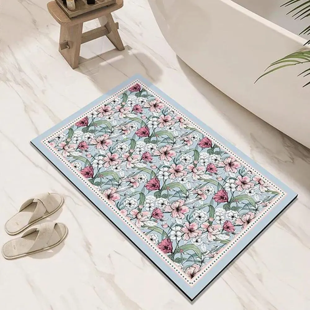 Ultra-saugfähiger Diatomit-Badteppich mit floraler Blumenmuster, ideal für Badezimmer und Dusche.