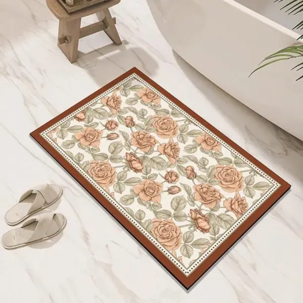 Ultra-Saugfähiger Diatomit-Badteppich mit Rosenmuster, Badezimmer-Textil, Anti-Rutsch, gross, weiss, rosa.