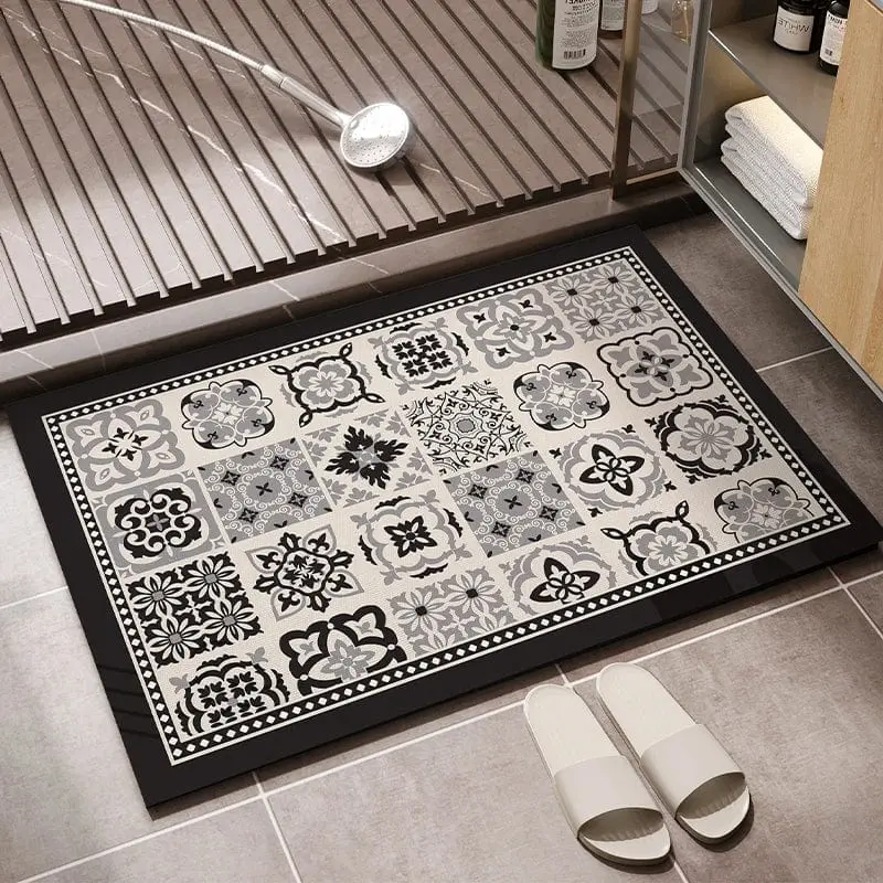 Vinyl Badteppich mit Mosaik-Muster, schwarz-weiß, für Badezimmer.