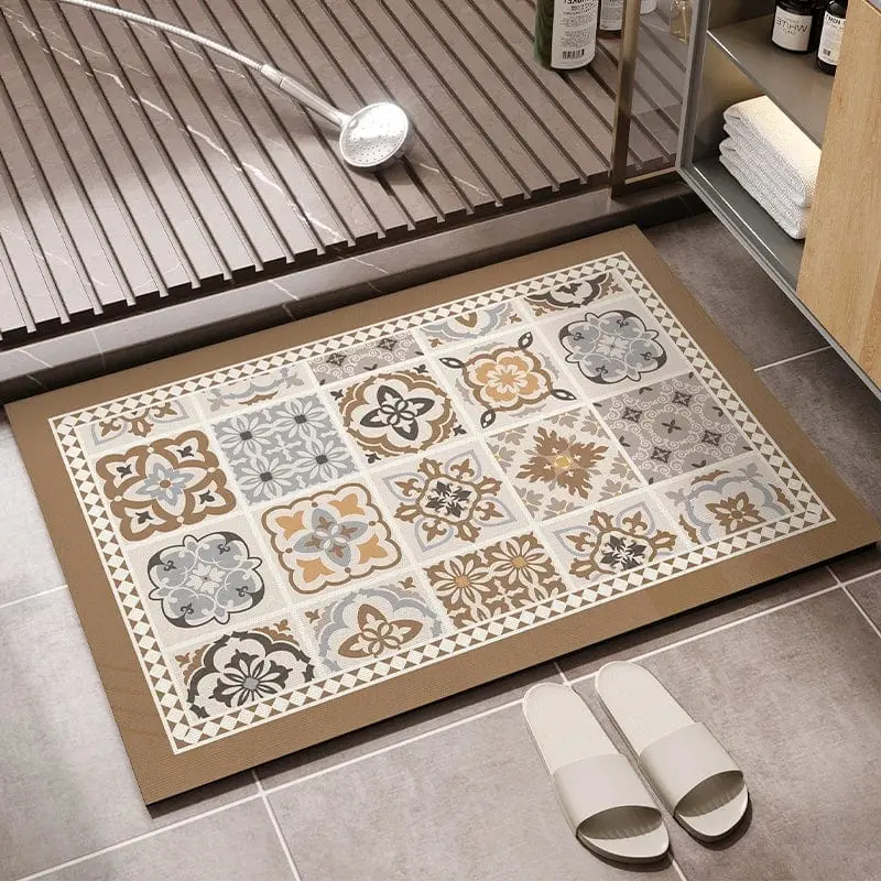 Vinyl Teppich Bad mit Mosaikmuster, grossflächig, rutschfest, für Badezimmer geeignet.